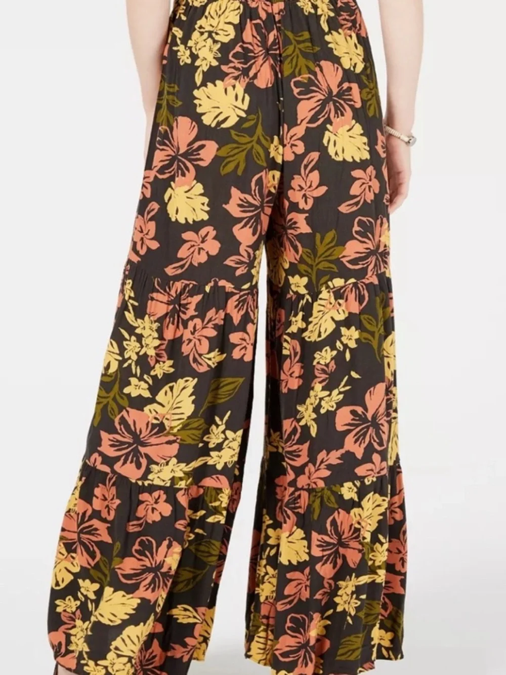 Free People Tiered Pants Black Floral Bell Bottom | Size Extra Small